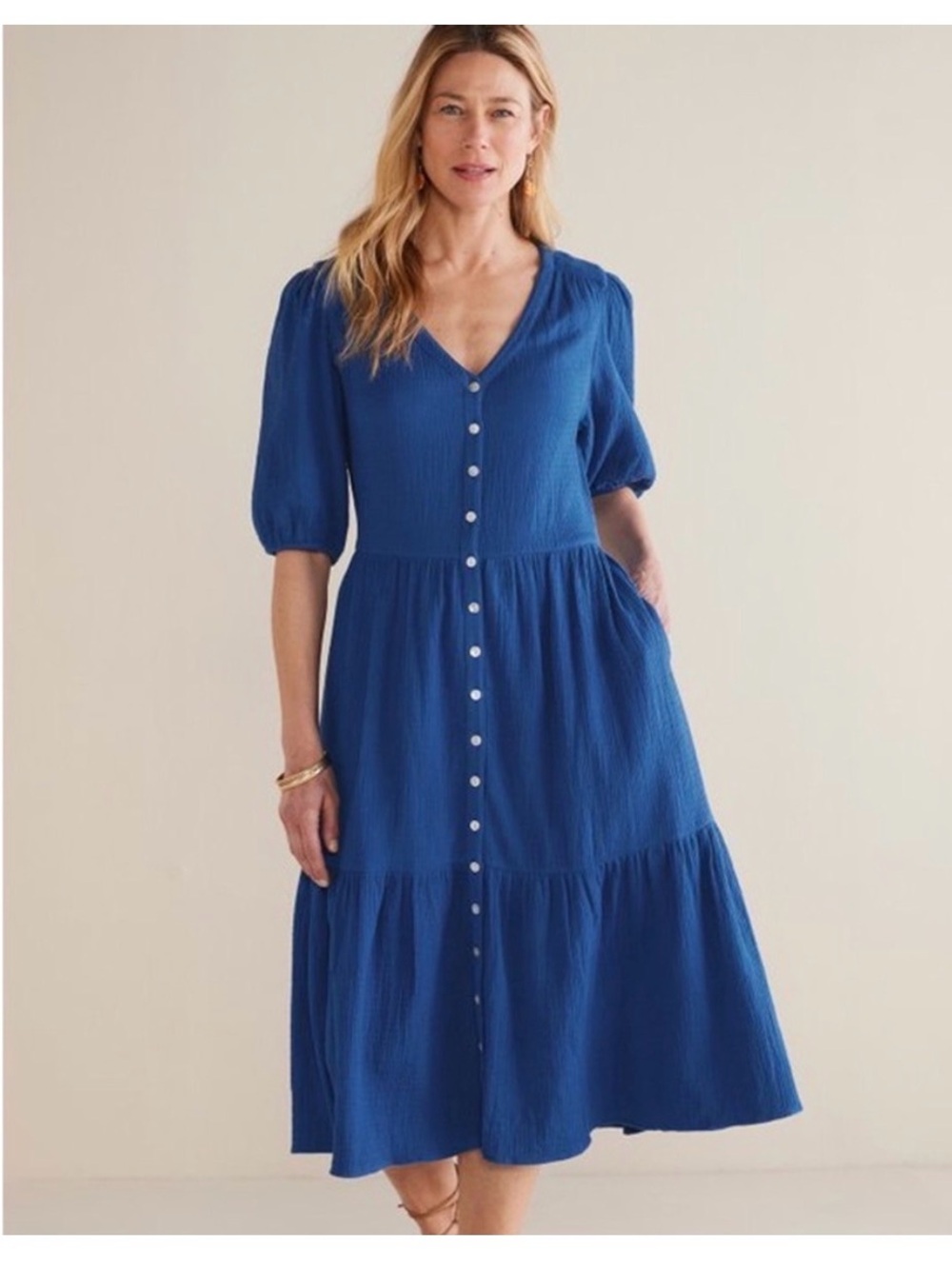 Soft Surroundings Royal Blue Tiered Button-Front Midi Dress
